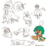  10s artist_name beak brown_eyes character_sheet chibi claws decidueye feathered_wings hood leaf no_humans paro parody partially_colored pokemon pokemon_(creature) pokemon_sm rowlet surprised vine white_background wings 