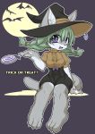  1girl artist_request bat cat copyright_request furry green_hair halloween halloween_costume long_hair moon open_mouth violet_eyes witch_hat 
