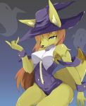  1girl artist_request brown_hair copyright_request fox furry halloween halloween_costume long_hair violet_eyes witch_hat 
