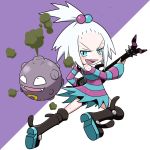  1girl bare_legs bass_guitar blue_eyes boots female guitar gym_leader hair_bobbles hair_ornament homika_(pokemon) koffing nintendo open_mouth pokemon pokemon_(game) pokemon_bw2 smile smoke striped_shirt white_hair 