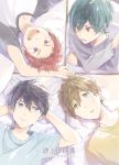  4boys black_hair brown_hair closed_mouth green_hair hands_behind_head high_speed! kirishima_ikuya lying male_focus multiple_boys nanase_haruka_(free!) open_mouth pillow redhead shiina_asahi short_hair smile tachibana_makoto text zukki_(suzukio) 