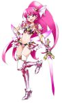  1girl :d adapted_costume aino_megumi armor armored_boots bikini_armor blush boots cure_lovely full_body gloves hair_ornament happinesscharge_precure! high_heel_boots high_heels highres holding_sword holding_weapon jewelry knee_boots kurose_kousuke long_hair looking_at_viewer magical_girl midriff open_mouth pink_eyes pink_hair ponytail precure shoulder_pads simple_background smile solo very_long_hair weapon white_background 