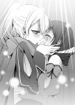  2girls ayase_eli closed_eyes costume couple holding_another kiss long_hair looking_at_another love_live!_school_idol_project monochrome multiple_girls ponytail takano_saku tears toujou_nozomi yuri 