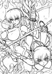  2girls bodysuit breast_grab breasts female igawa_asagi igawa_sakura kagami_hirotaka large_breasts lilith-soft long_hair looking_at_viewer monochrome multiple_girls short_hair sisters sketch skirt sword taimanin_asagi tentacle weapon white_background 