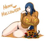  arm_support black_panties blue_hair breasts candy devil-v green_eyes gundam gundam_build_fighters halloween huge_breasts iori_rinko legs long_hair lowleg lowleg_panties lying naughty_face open_mouth panties ponytail ribbed_sweater shiny shiny_clothes shiny_hair simple_background sweater thigh_gap thighs tongue tongue_out underwear white_background 