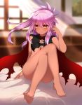  1girl absurdres bare_legs barefoot blush bottomless breasts chloe_von_einzbern dark_skin fate/grand_order fate/kaleid_liner_prisma_illya fate_(series) flat_chest highres legs_crossed long_hair long_sleeves looking_at_viewer no_panties pink_hair small_breasts smile solo yellow_eyes 