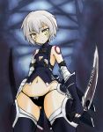  1girl artist_request assassin_of_black back bandaged_arm fate/grand_order fate_(series) knife looking_at_viewer navel scar short_hair thigh-highs thighs weapon white_hair wide_hips 