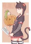  ? a_kun cat_girl child closed_mouth cowboy_shot flat_chest hair_bobbles hair_ornament halloween heart holding meat_cleaver original pumpkin shiny shiny_hair smile standing striped_legwear tail thigh-highs twintails 