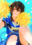  1boy black_hair cheerleader collared_shirt ensemble_stars! knees_up male_focus open_mouth pom_poms red_eyes sakuma_ritsu shirt shorts sitting smile solo t-shirt yuhazu_(rhe-rhe) 