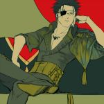  1boy black_hair closed_mouth earrings epaulettes eyepatch fate/stay_night fate_(series) lancer looking_at_viewer male_focus necklace red_eyes rei_(sanbonzakura) scar sitting solo 