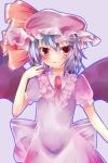  1girl blush child dress flat_chest hat looking_at_viewer mizapiza mob_cap open_mouth puffy_sleeves remilia_scarlet shiny shiny_skin short_sleeves simple_background standing touhou wings 