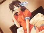  bed breasts brown_hair castle_fantasia_2 chinese_clothes game_cg medium_breasts one_eye_closed rubbing_eyes side-tie_panties sitting tearing_up tia_saelens wariza 