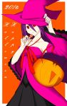  1girl arc_system_works artist_request bare_shoulders blazblue blazblue:_central_fiction breasts candy detached_sleeves dress hades_izanami halloween halloween_costume hat jack-o&#039;-lantern lollipop long_hair looking_at_viewer mikado_(blazblue) purple_hair red_eyes solo very_long_hair witch_hat 