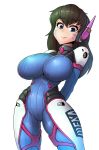  1girl arms_behind_back blue_eyes bodysuit breasts brown_hair d.va_(overwatch) eyebrows_visible_through_hair facial_mark headphones large_breasts looking_at_viewer overwatch sinensian smile solo standing white_background 