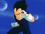  2boys 90s animated animated_gif battle black_hair blood demon dragon_ball dragonball_z evil fangs flying injury majin_buu male_focus multiple_boys muscle pain punch serious sky vegeta violence 