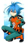  1boy blue_hair blue_sky boots card child clouds fingerless_gloves future_card_buddyfight gloves looking_at_viewer male_focus ryuuenji_tasuku sky smile solo 