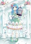  1girl bird blue_eyes blue_hair blush date_a_live dress eyepatch feather female flower full_body gyaza hairband hairpins happy lolita_fashion long_hair pantyhose plant ribbon solo stuffed_animal yoshino_(date_a_live) yoshinon 