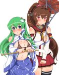  2girls asymmetrical_legwear bare_shoulders black_bikini_top brown_hair commentary_request covered_navel frog_hair_ornament frown green_hair hair_between_eyes hair_ornament highres jewelry kantai_collection kochiya_sanae multiple_girls navel oriental_umbrella ponytail ring shin&#039;en_(gyokuro_company) simple_background single_thighhigh thigh-highs touhou umbrella violet_eyes wedding_band white_background yamato_(kantai_collection) 