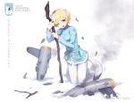  1girl blonde_hair blue_eyes brave_witches commentary damaged falling_leaves kneeling leaf leaf_on_head long_sleeves looking_at_viewer military military_uniform mugcan nikka_edvardine_katajainen one_eye_closed open_mouth pantyhose short_hair smoke snow solo striker_unit sweatdrop tears torn_clothes torn_pantyhose uniform weasel_ears weasel_tail world_witches_series 