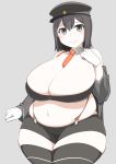  1girl akitsu_maru_(kantai_collection) bare_shoulders black_eyes black_hair breasts cleavage fat hat huge_breasts kantai_collection looking_at_viewer magure_senshi midriff navel plump smile solo thigh-highs 