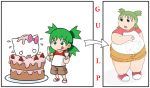  1girl arrow cake comic fat female green_eyes green_hair matching_hair/eyes solo tongue tongue_out white_background 