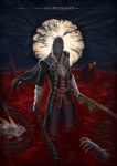  1boy blood bloodborne copyright_name corpse helmet highres hunter_(bloodborne) long_hair male_focus mask solo_focus the_old_hunters weapon white_hair 