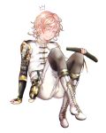  1boy akapii_(jun_0512) armor belt black_legwear blonde_hair blush boots child closed_mouth cross-laced_footwear crown frills full_body half-closed_eyes japanese_armor knees_up lace-up_boots legwear_under_shorts male_focus military_uniform monoyoshi_sadamune multicolored_hair orange_hair personification pink_eyes shorts simple_background sitting smile solo suspenders sword touken_ranbu uniform wavy_hair weapon white_background 