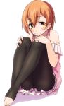  1girl bangs bare_shoulders black_legwear blush brown_hair covered_mouth dress eyebrows_visible_through_hair feet hair_between_eyes highres hoshizora_rin knees_up looking_to_the_side love_live! love_live!_school_idol_project no_shoes pantyhose pink_dress sen_(sen0910) short_hair simple_background sitting solo spaghetti_strap toeless_legwear toes white_background yellow_eyes 