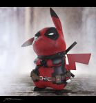  1boy 3d belt bodysuit crossover deadpool full_body gradient gradient_background halloween highres male_focus marvel mask nintendo no_humans pikachu pokemon ramtraz signature solo weapon 