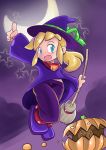 1girl alternate_costume blonde_hair blue_eyes broom capcom child clouds female flat_chest full_body hat holding long_hair long_sleeves looking_at_viewer moon night open_mouth pumpkin robojanai rockman rockman_(classic) roll sky solo star witch_hat 