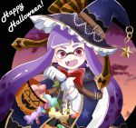  1girl candy domino_mask fangs female happy_halloween hat inkling mask nintendo open_mouth purple_hair red_eyes smile solo splatoon tentacle_hair witch witch_hat 