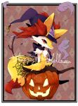  braixen furry halloween happy_halloween jack-o&#039;-lantern nintendo no_humans pokemon pokemon_(creature) pokemon_(game) pokemon_xy pumpkin red_eyes sitting smile solo witch witch_hat 