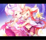  2girls alternate_costume alternate_hairstyle gloves headband jewelry jinx_(league_of_legends) kuro_(league_of_legends) league_of_legends long_hair luxanna_crownguard magical_girl multiple_girls pink_hair redhead shorts skirt star_guardian_jinx star_guardian_lux tied_hair twintails wink 