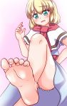  1girl akabashi alice_margatroid barefoot blonde_hair blush feet green_eyes hand_on_hip looking_at_viewer looking_down pov pov_feet short_hair soles toes touhou 