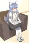  artist_request blue_hair couch dog furry glasses long_hair reading sandals sitting yellow_eyes 
