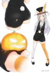  1girl 2016 ama_mitsuki animal_ears arms_behind_back ass black_shoes blue_eyes blush bunny_tail dated fake_animal_ears full_body hair_between_eyes halloween hard_translated hat hat_ribbon jack-o&#039;-lantern jewelry kantai_collection long_hair lying mismatched_legwear multiple_views necklace on_stomach open_mouth orange_legwear orange_panties panties pantyshot pantyshot_(lying) puffy_short_sleeves puffy_sleeves pumpkin rabbit_ears ribbon shoes short_sleeves shorts signature silver_hair simple_background solo standing tail thigh-highs top_hat translated u-511_(kantai_collection) underwear watch white_background white_legwear 