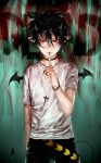  1boy bat_wings black_hair carrot_(carrotsgame) choker cross_necklace demon_boy horns original red_eyes short_hair solo tail wings 