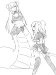  2girls alisfieze_fateburn_xvi camel_(dansen) cecil_(mon-musu_quest!) crossed_arms facial_mark female lamia long_gloves midriff mon-musu_quest! monochrome monster_girl multiple_girls navel open_mouth pointy_ears ponytail profile sword thigh-highs weapon 