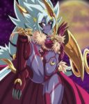  1girl bocodamondo body_markings bracelet cape cat_girl crescent_moon dancer duel_monster eyelashes fangs full_moon jewelry lion_girl long_hair lunalight_leo_dancer moon purple_skin sword tail weapon white_hair yu-gi-oh! yuu-gi-ou_duel_monsters 