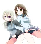  2girls blush breasts brown_hair eila_ilmatar_juutilainen girls_und_panzer long_hair medium_breasts mika_(girls_und_panzer) multiple_girls open_mouth silver_hair smile strike_witches suomio thighs tracksuit underwear violet_eyes world_witches_series yellow_eyes 