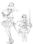  1girl camel_(dansen) character_sheet chrono_(camel) dress monochrome monocle original striped_legwear sword top_hat weapon 
