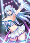  1girl arm_up armpits bare_shoulders blue_hair blush breasts brown_eyes cyan_eyes hair_ornament hair_ribbon huge_breasts idol long_hair looking_at_viewer midriff navel skirt smile solo standing the-sinnerz thigh-highs 