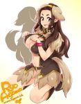  1girl agawa_ryou animal_ears boots bracelet breasts brown_eyes brown_hair center_opening cleavage collar commentary dog_collar dog_ears dog_tail fang jewelry kneeling large_breasts long_hair looking_at_viewer navel open_mouth original paw_pose showgirl_skirt solo tail waifu2x 