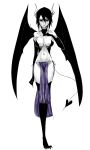  1girl black_hair bleach breasts cleavage female full_body genderswap green_eyes horns monochrome navel simple_background solo spot_color tail thigh-highs ulquiorra_cifer white_background wings 