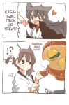  !? 2girls 2koma akagi_(kantai_collection) animal_ears black_eyes blush bowl brown_hair cape comic cooking cooking_pot fang food halloween hard_translated heart kaga_(kantai_collection) kantai_collection long_hair multiple_girls open_mouth rebecca_(keinelove) short_hair side_ponytail smile soup translated wolf_ears 