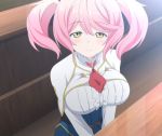  1girl blush breasts classroom female large_breasts looking_at_viewer necktie philuffy_aingram pigtails pink_hair saijaku_muhai_no_bahamut school_uniform short_hair short_twintails solo tied_hair twintails yellow_eyes 