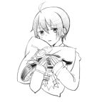  1girl androgynous artist_request belt expressionless female hermes kino kino_no_tabi monochrome pillow short_hair solo tagme upper_body white_background 