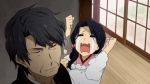  1boy 1girl animated animated_gif barakamon black_hair closed_eyes fist handa_emi handa_seimei husband_and_wife long_hair open_mouth scrunchie tears 