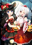  albino black_hair blue_eyes blush braid breasts candy child cosplay dct-tan dfc-tan dress fang flat_chest halloween hat ikazu401 inubashiri_momiji inubashiri_momiji_(cosplay) jack-o-lantern large_breasts pumpkin red_eyes side_ponytail sisters striped_stockings touhou white_hair witch 