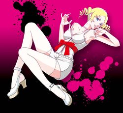  1girl blonde_hair blue_eyes breasts catherine catherine_(game) choker cleavage demon_girl drill_hair female full_body gradient gradient_background high_heels lace lace-trimmed_thighhighs lipstick looking_at_viewer makeup ribbon solo thigh-highs twin_drills twintails white_legwear 